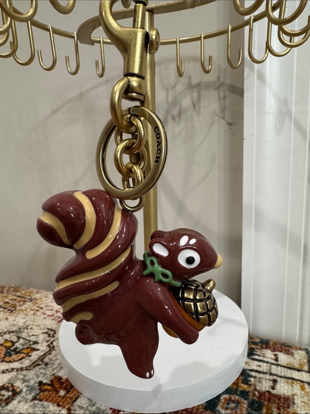 Coach Brown and Cream Squirrel Key Charm with Brass Hardware